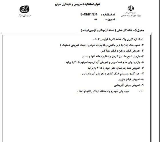 نمونه آزمون عملی سوالات تعویض روغنی 1