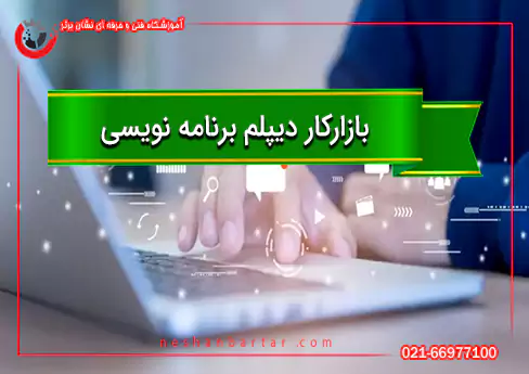 تصویری از یک فرد در حال کار با کامپیوتر با تیتر بازارکار دیپلم برنامه نویسی